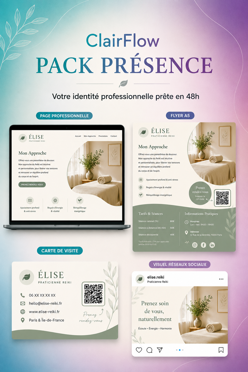 Pack Présence ClairFlow : page professionnelle, flyer A5, carte de visite et visuel réseaux sociaux d'une praticienne, avec une identité visuelle cohérente.